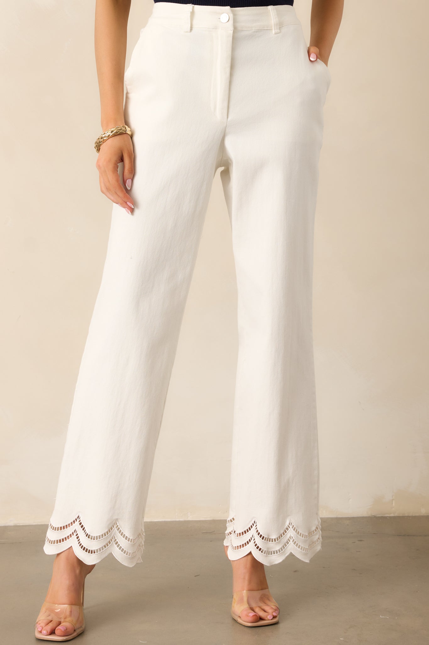 The Time Is Now White Straight Leg Scallop Hem Jeans