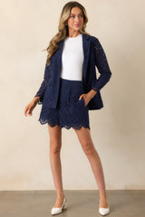 Perfect Fit Navy Cotton Embroidered Eyelet Shorts