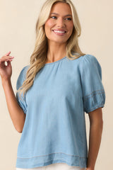 On Second Thought Blue Chambray Puff Sleeve Top