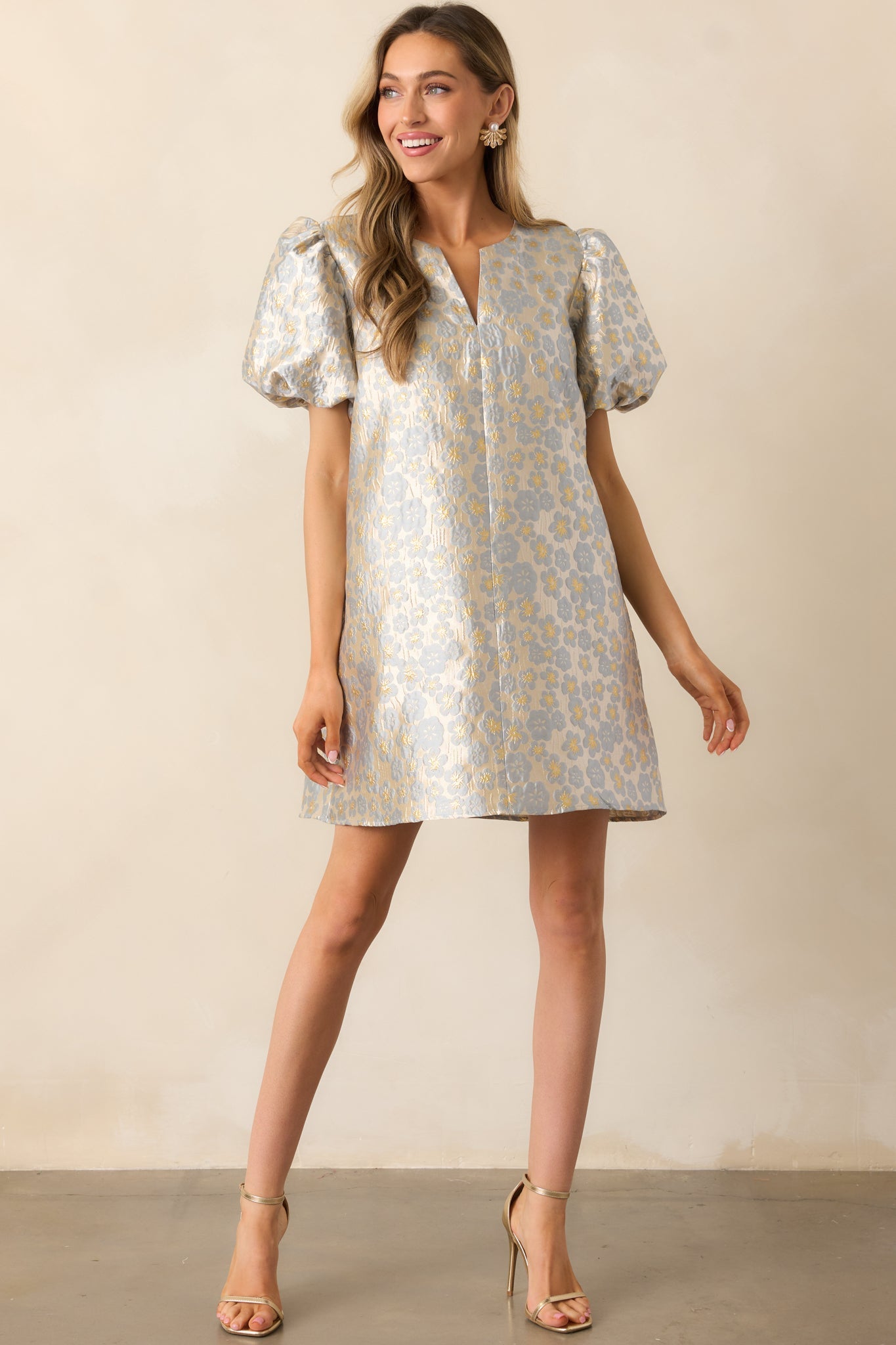 The Missing Piece Ash Blue Floral Jacquard Mini Dress