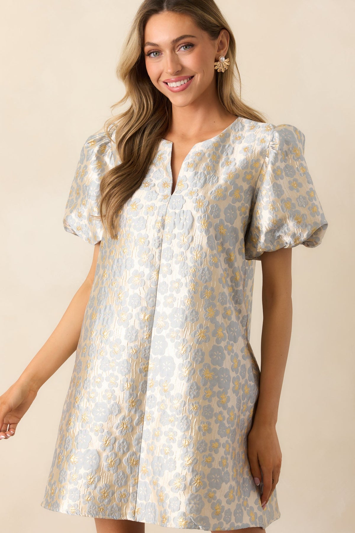 The Missing Piece Ash Blue Floral Jacquard Mini Dress