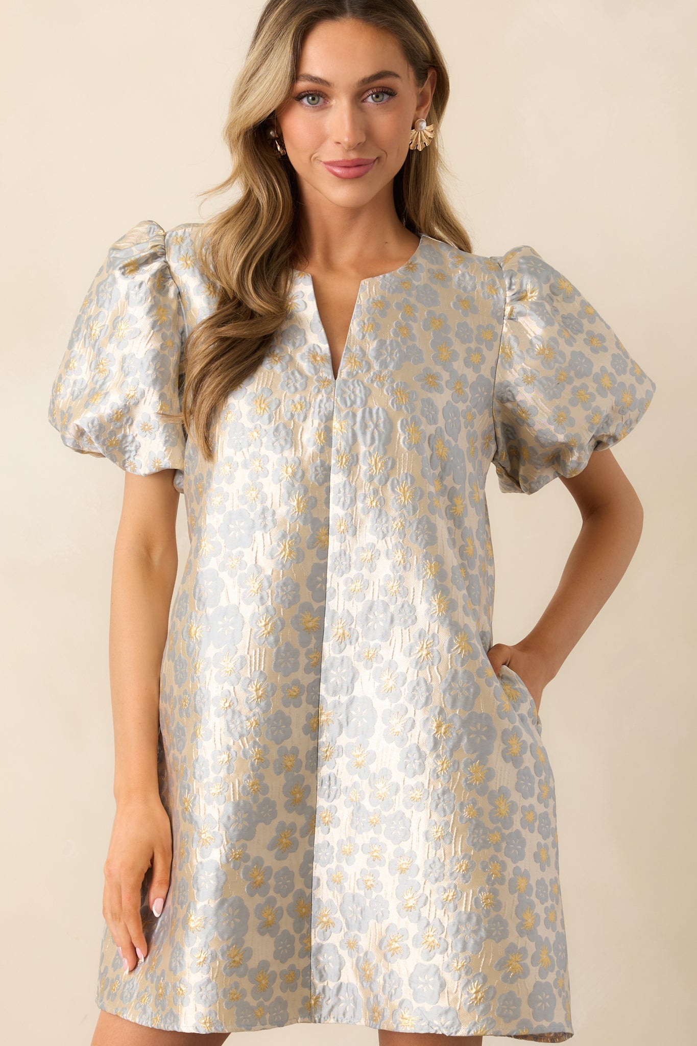 The Missing Piece Ash Blue Floral Jacquard Mini Dress