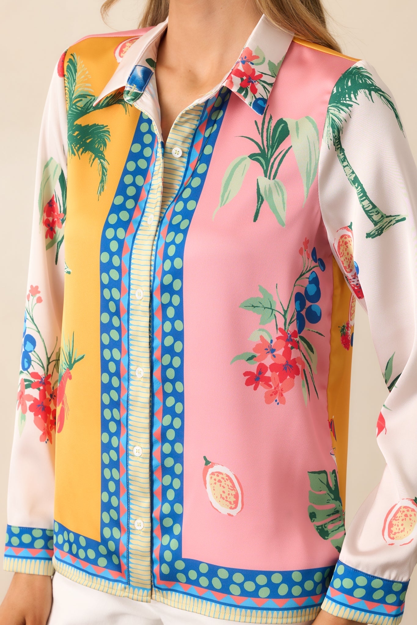 Go With The Flow Yellow Colorblock Coastal Print Button Front Top