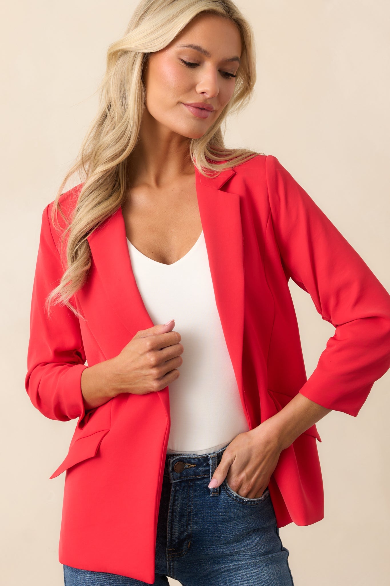 She Means Business Red Single-Breasted Tailored Blazer