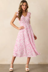 When In Rome Pink Floral Smocked Flutter Sleeve Midi Dress