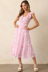 When In Rome Pink Floral Smocked Flutter Sleeve Midi Dress