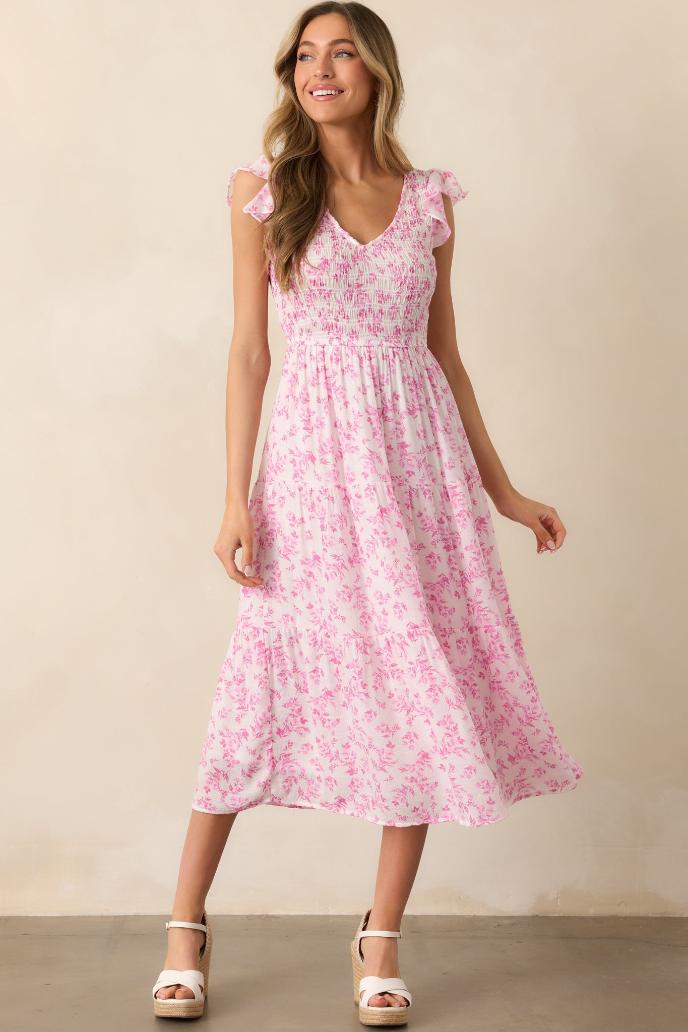 When In Rome Pink Floral Smocked Flutter Sleeve Midi Dress
