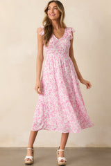 When In Rome Pink Floral Smocked Flutter Sleeve Midi Dress