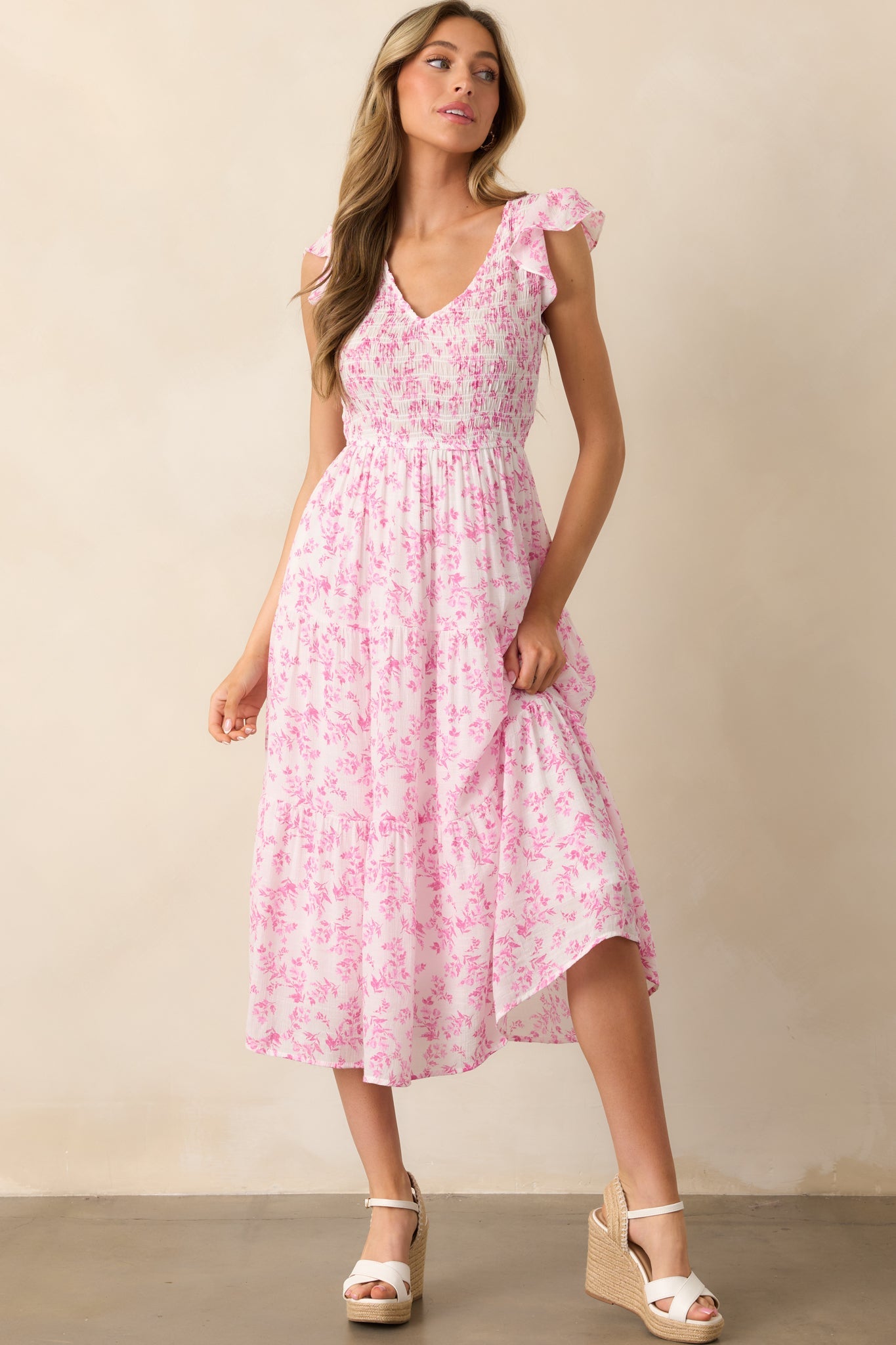 When In Rome Pink Floral Smocked Flutter Sleeve Midi Dress
