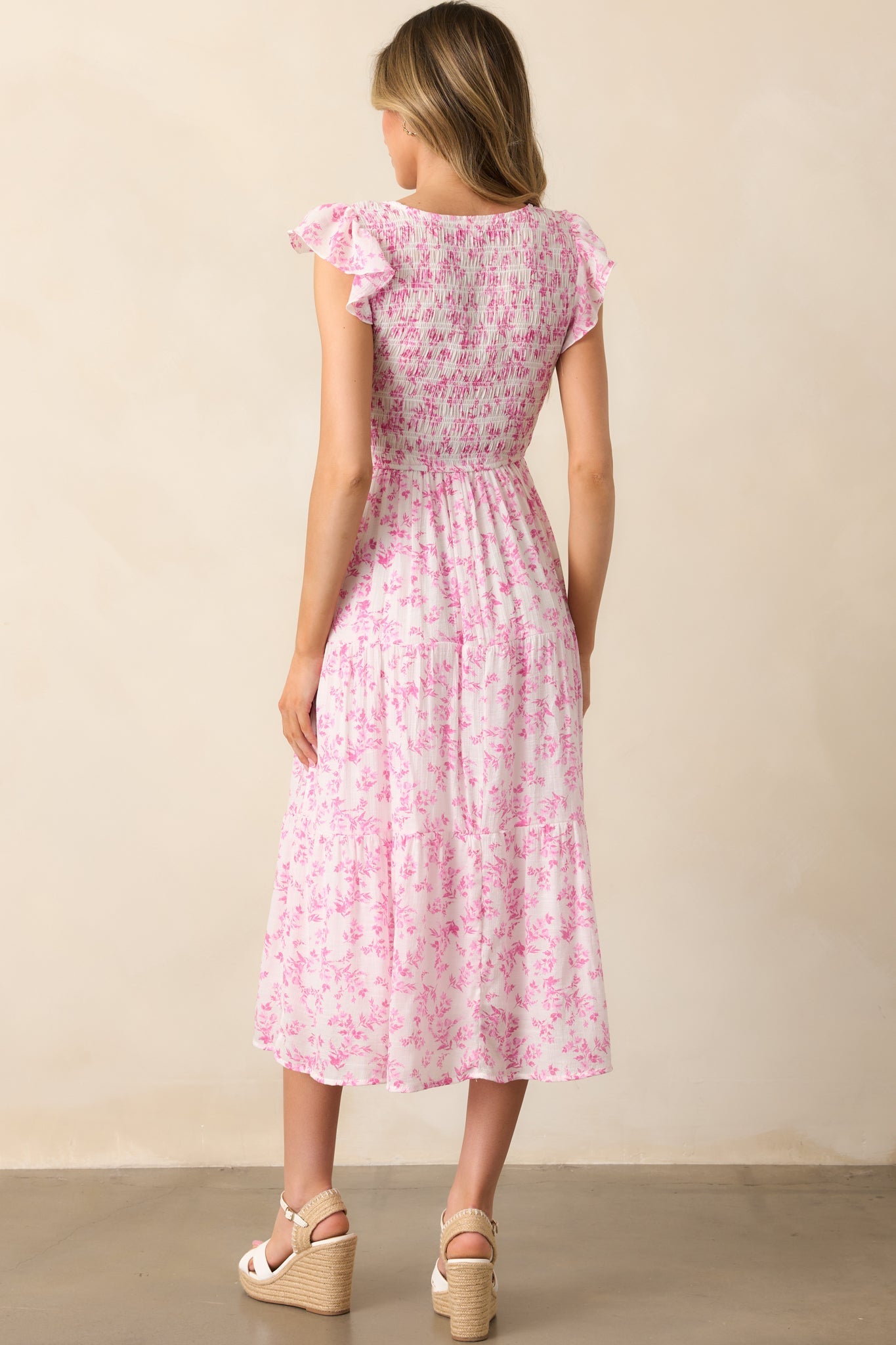 When In Rome Pink Floral Smocked Flutter Sleeve Midi Dress