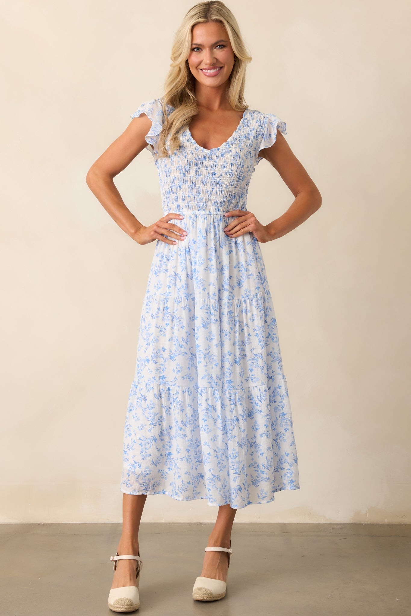 When In Rome Light Blue Floral Smocked Flutter Sleeve Midi Dress