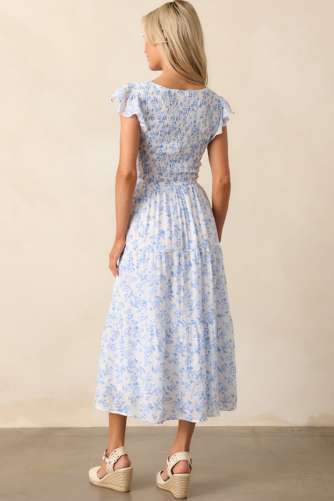 When In Rome Light Blue Floral Smocked Flutter Sleeve Midi Dress
