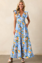 Sunshine State Of Mind Blue Cotton Lemon Print Maxi Dress