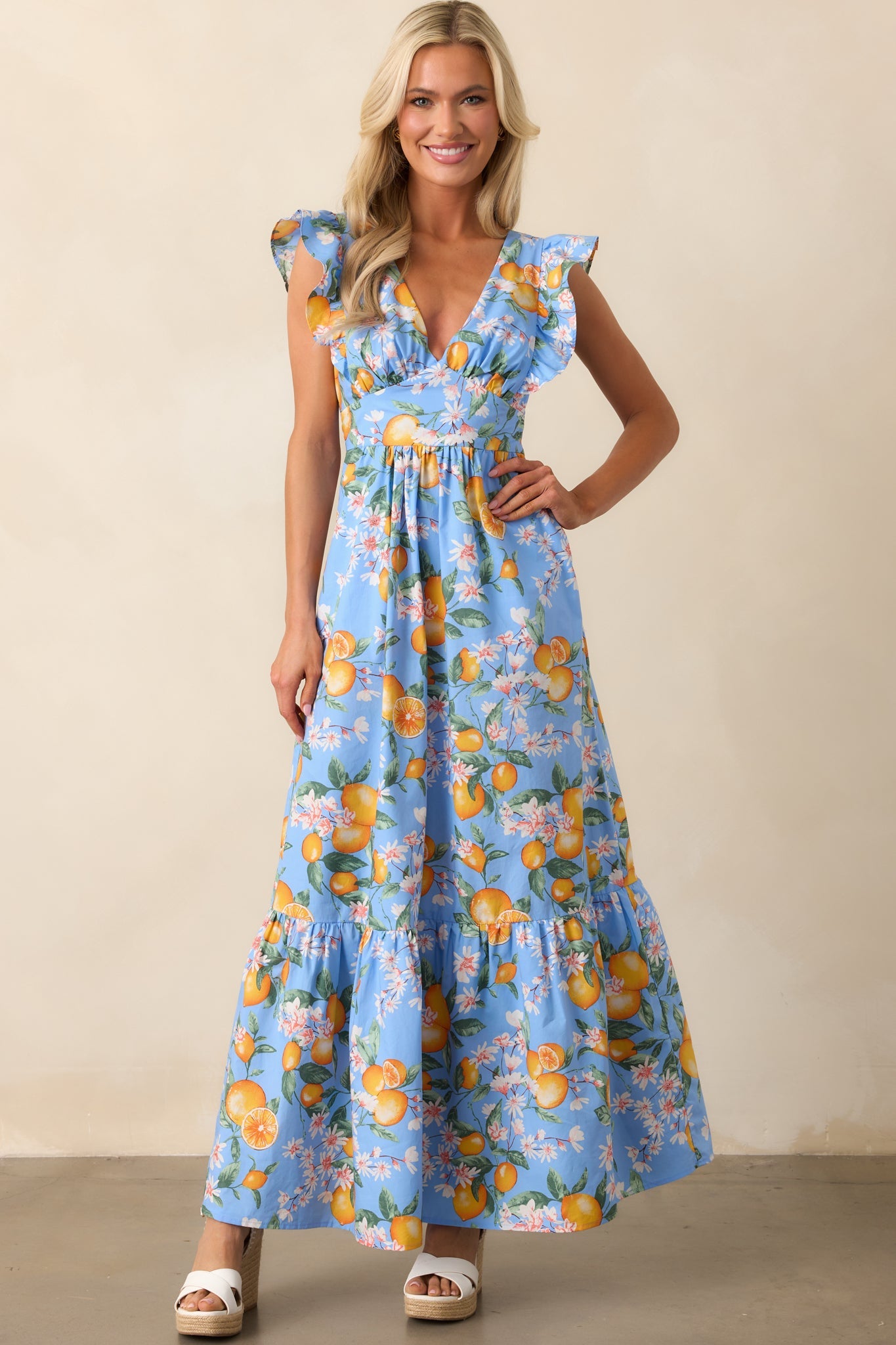 Sunshine State Of Mind Blue Cotton Lemon Print Maxi Dress