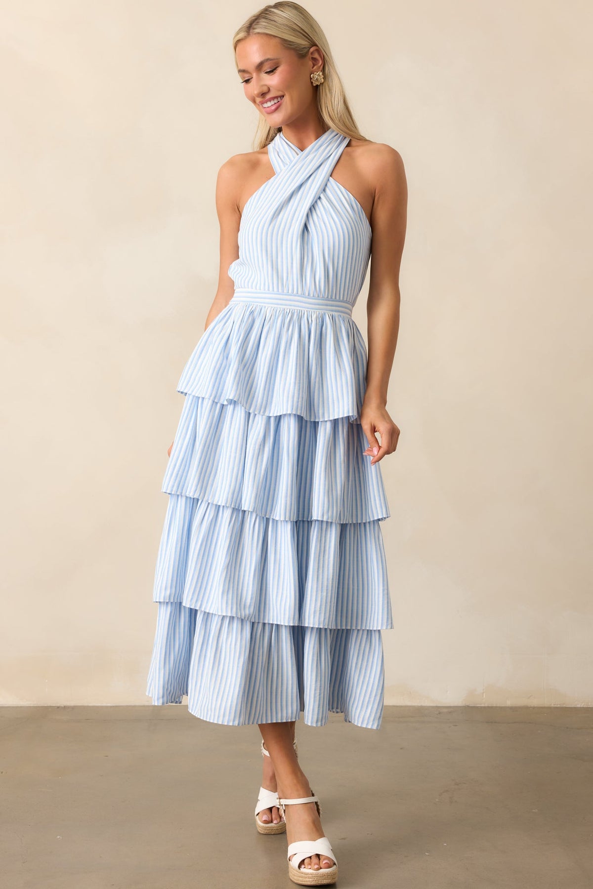Where I Want To Be Light Blue Stripe Tiered Halter Maxi Dress