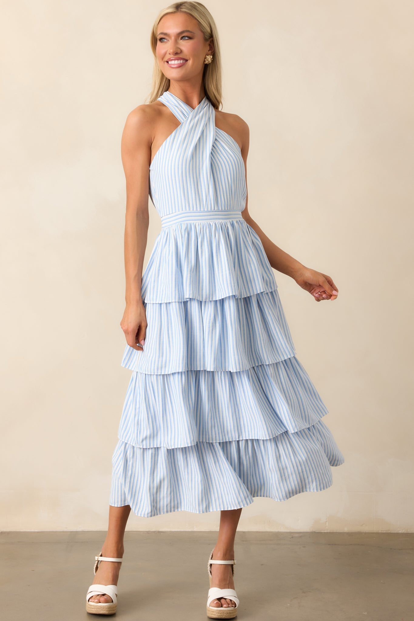 Where I Want To Be Light Blue Stripe Tiered Halter Maxi Dress