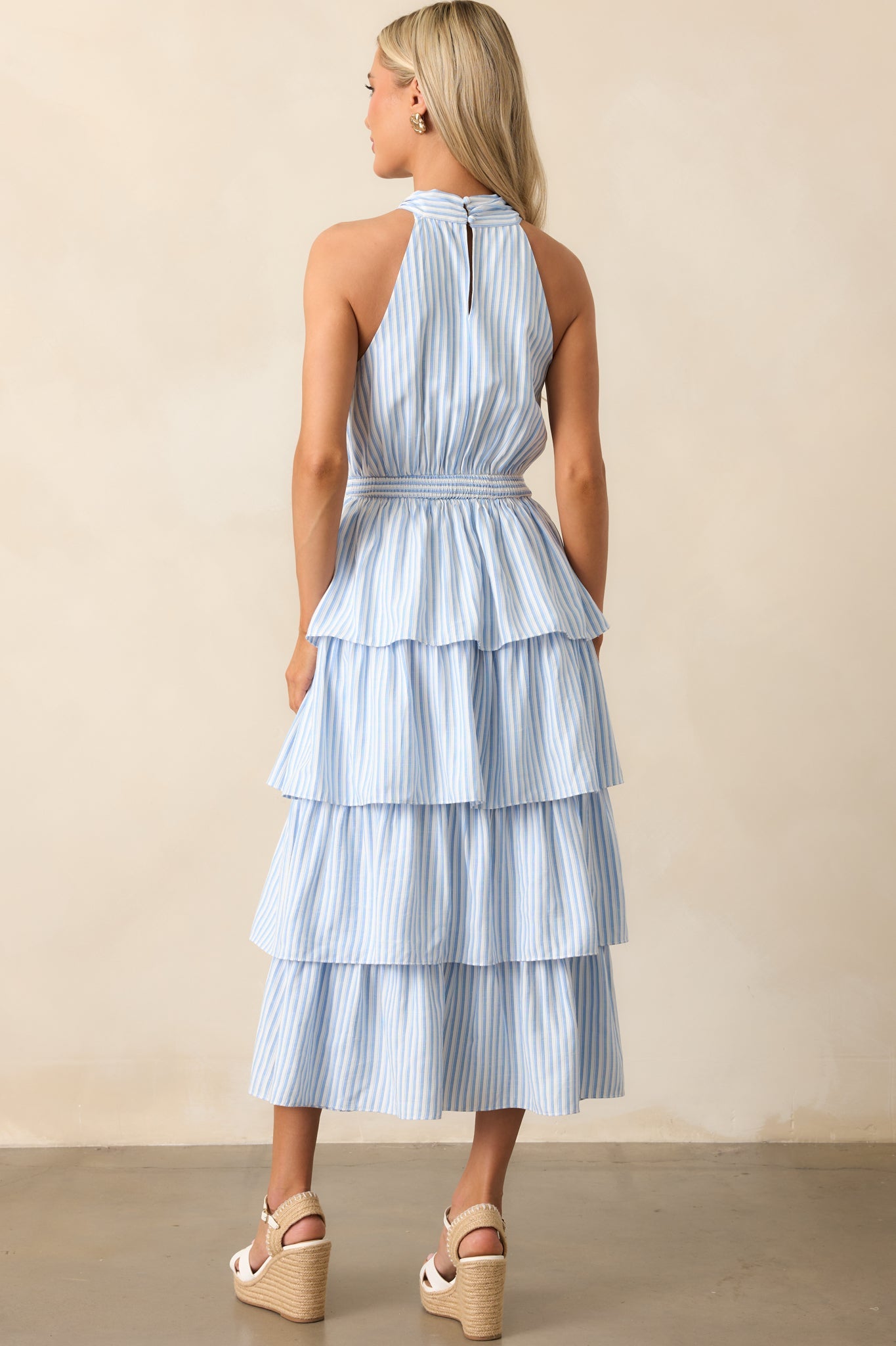 Where I Want To Be Light Blue Stripe Tiered Halter Maxi Dress