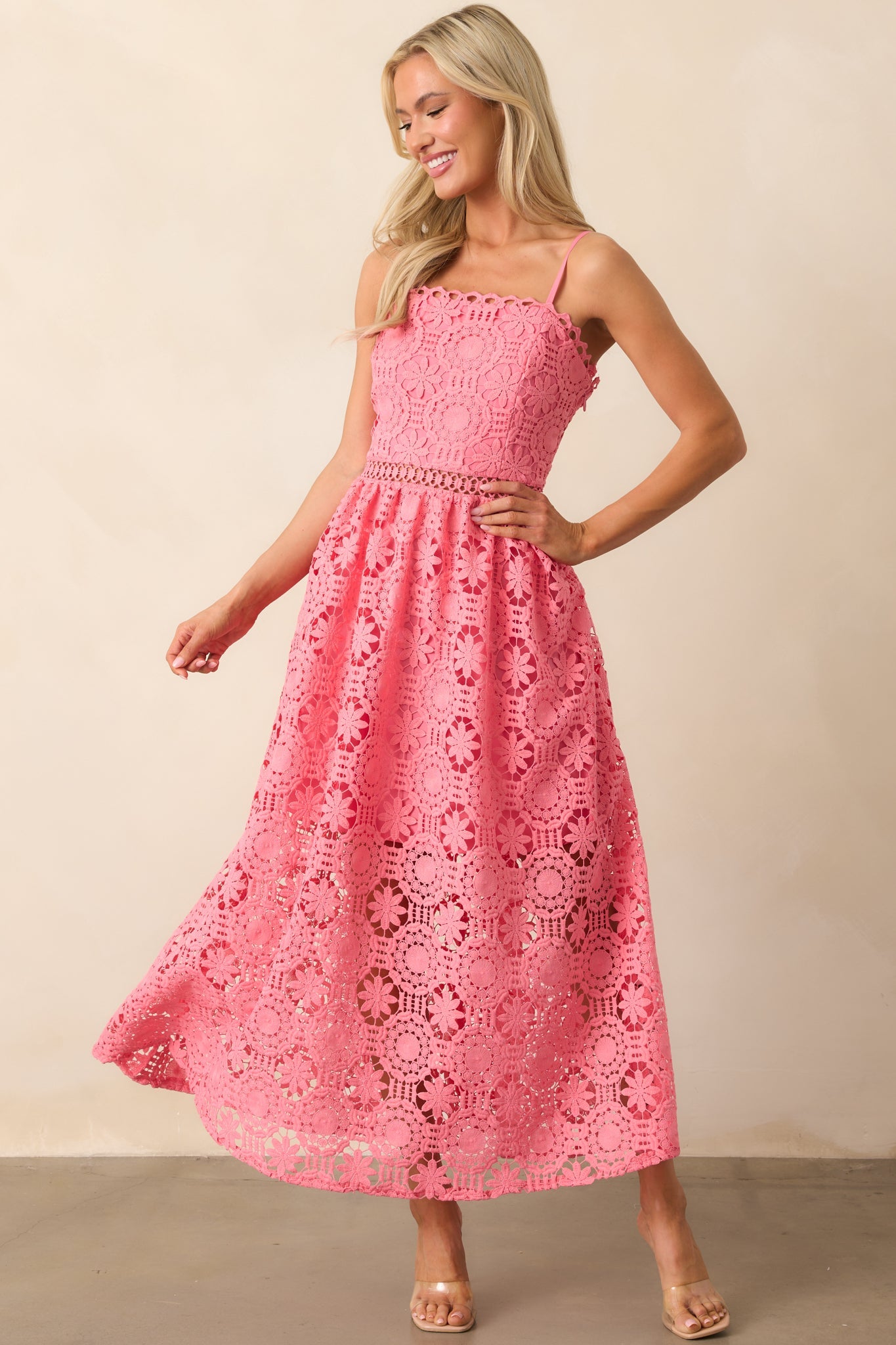 Sweet Moments Pink Coral Floral Embroidered Maxi Dress