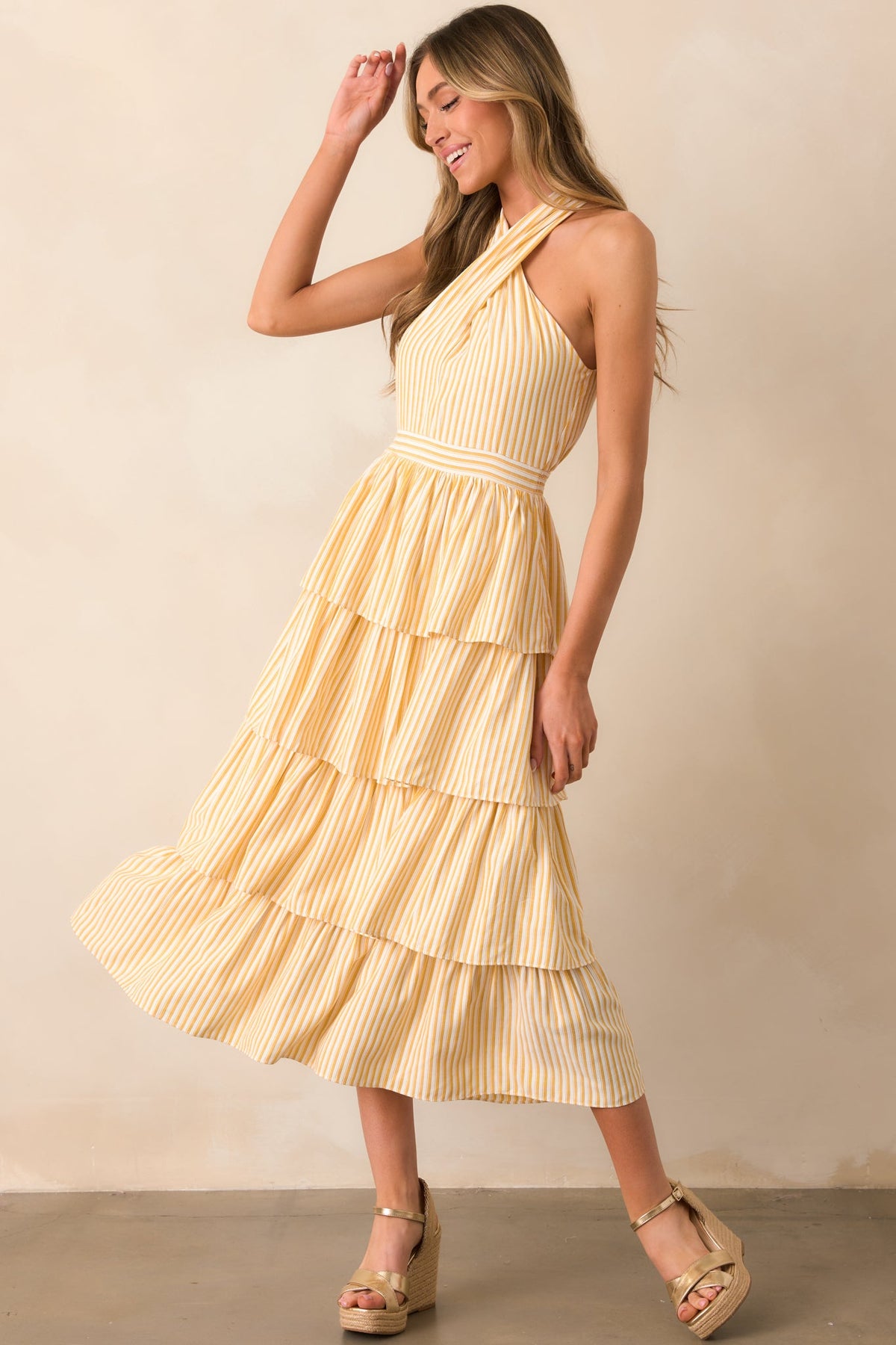 Where I Want To Be Yellow Stripe Tiered Halter Maxi Dress