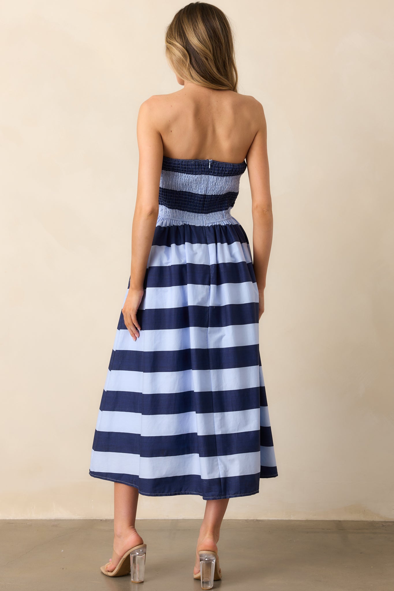 The Genevieve Navy Stripe Cotton Strapless Midi Dress