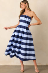 The Genevieve Navy Stripe Cotton Strapless Midi Dress
