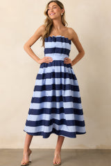 The Genevieve Navy Stripe Cotton Strapless Midi Dress