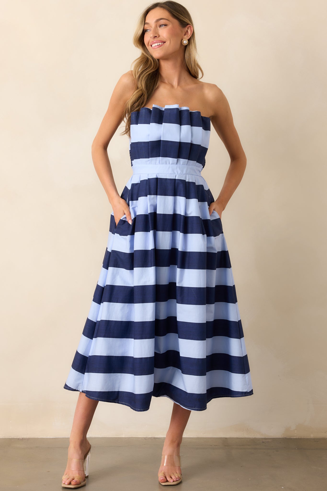 The Genevieve Navy Stripe Cotton Strapless Midi Dress