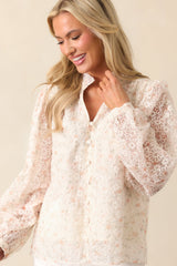 Wait For It Ivory Floral Embroidered Button Front Top