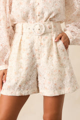 Here And Now Ivory Floral Embroidered Belted Shorts