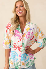 Slowing Down Ivory Multi Tropical Print Button Front Top