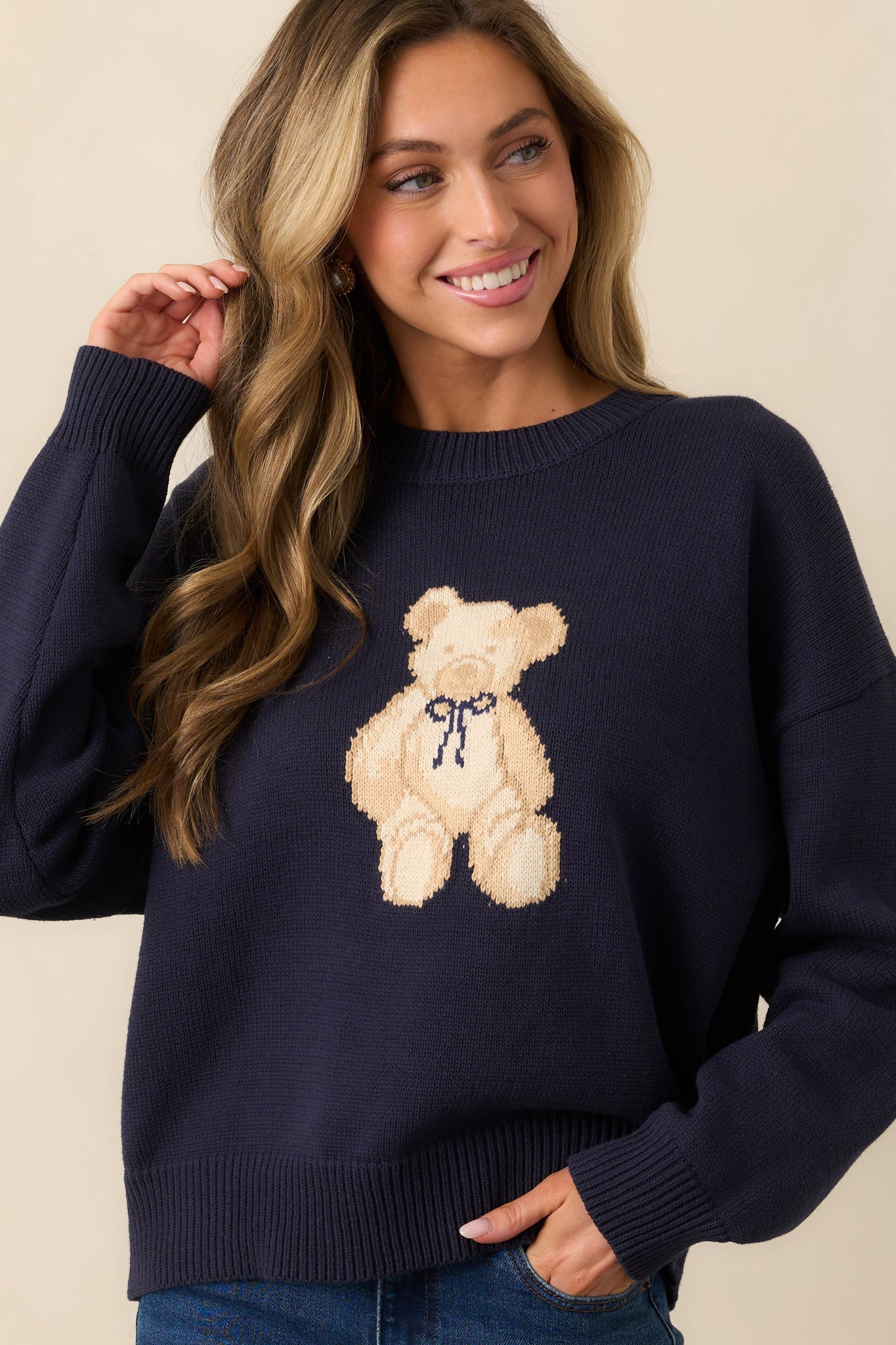 Taking Notes Navy Teddy Bear Oversized Sweater