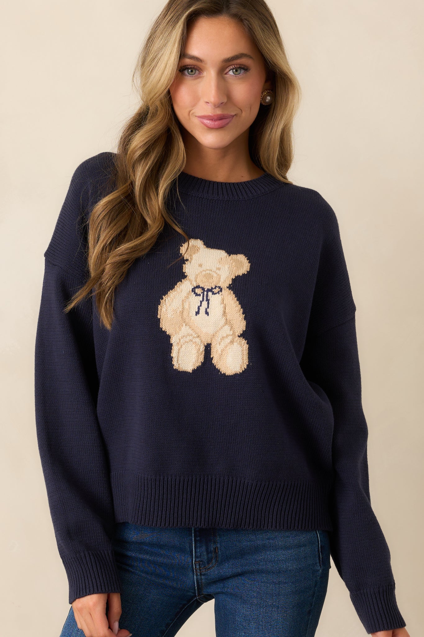 Taking Notes Navy Teddy Bear Oversized Sweater