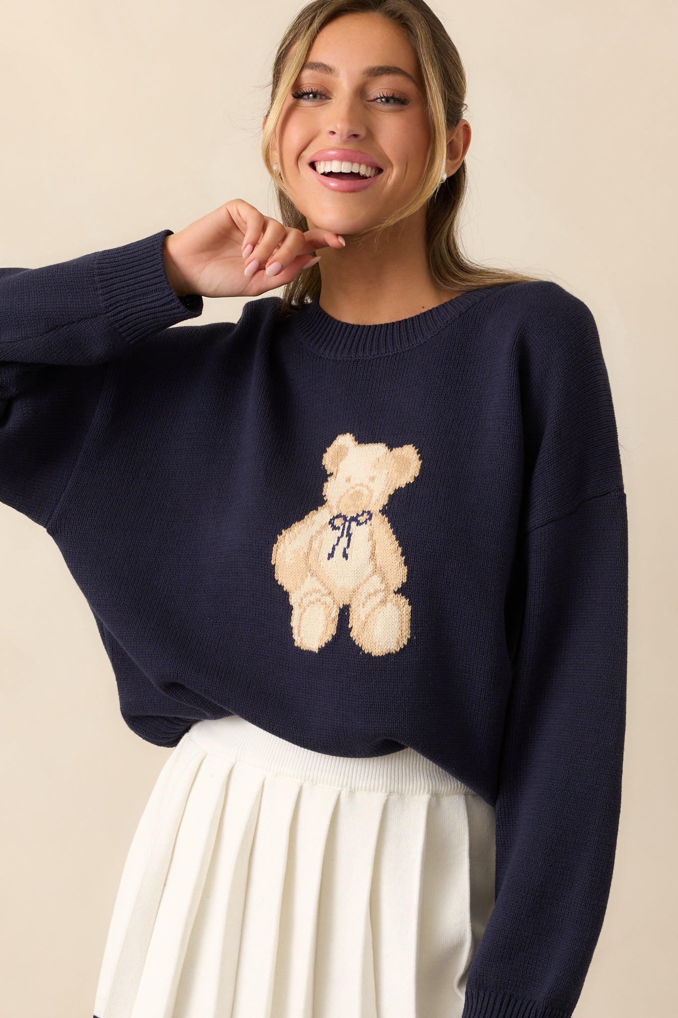 Taking Notes Navy Teddy Bear Oversized Sweater