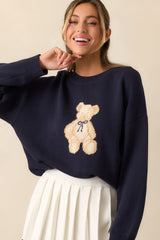 Taking Notes Navy Teddy Bear Oversized Sweater