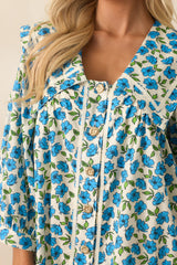 Butterfly Garden Blue Cotton Button Front Mini Dress