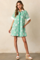 Lunch In The City Green Floral Cotton Mini Shirt Dress