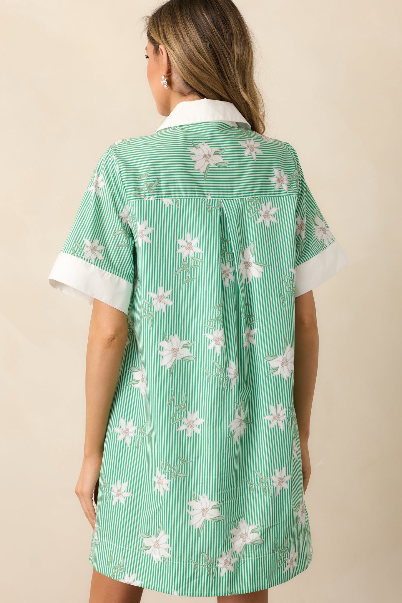 Lunch In The City Green Floral Cotton Mini Shirt Dress