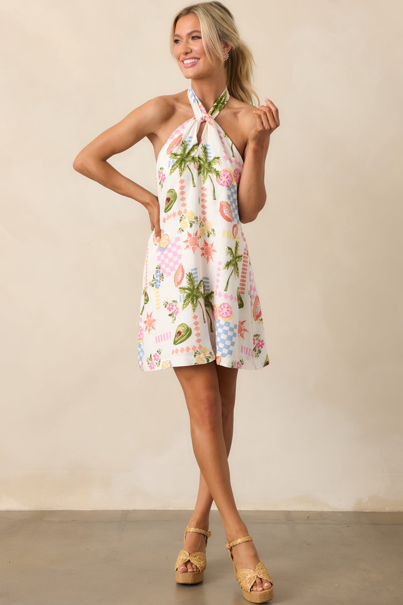 MINKPINK Gracie Ivory Fruity Floral Halter Neck Mini Dress