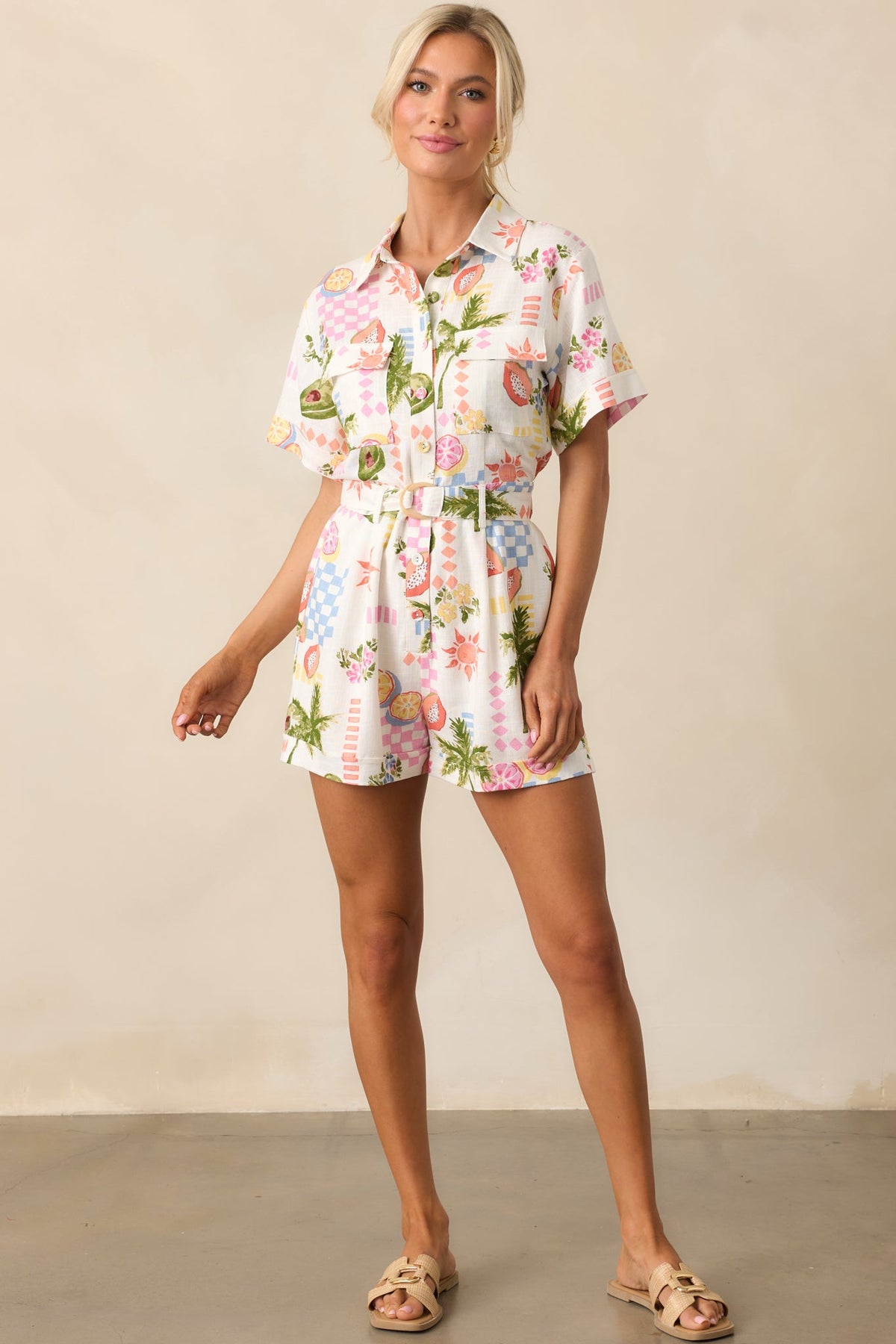 MINKPINK Gracie Ivory Fruity Floral Belted Playsuit
