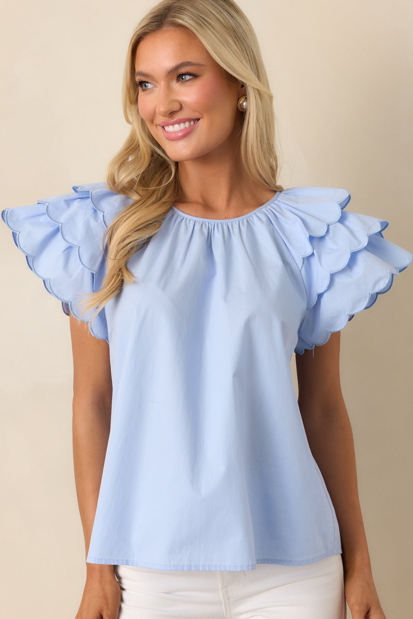 Bianca Blue Fog Cotton Embroidered Scallop Top