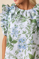 Charlotte Blue Lilacs Botanical Print Cotton Ruffle Top