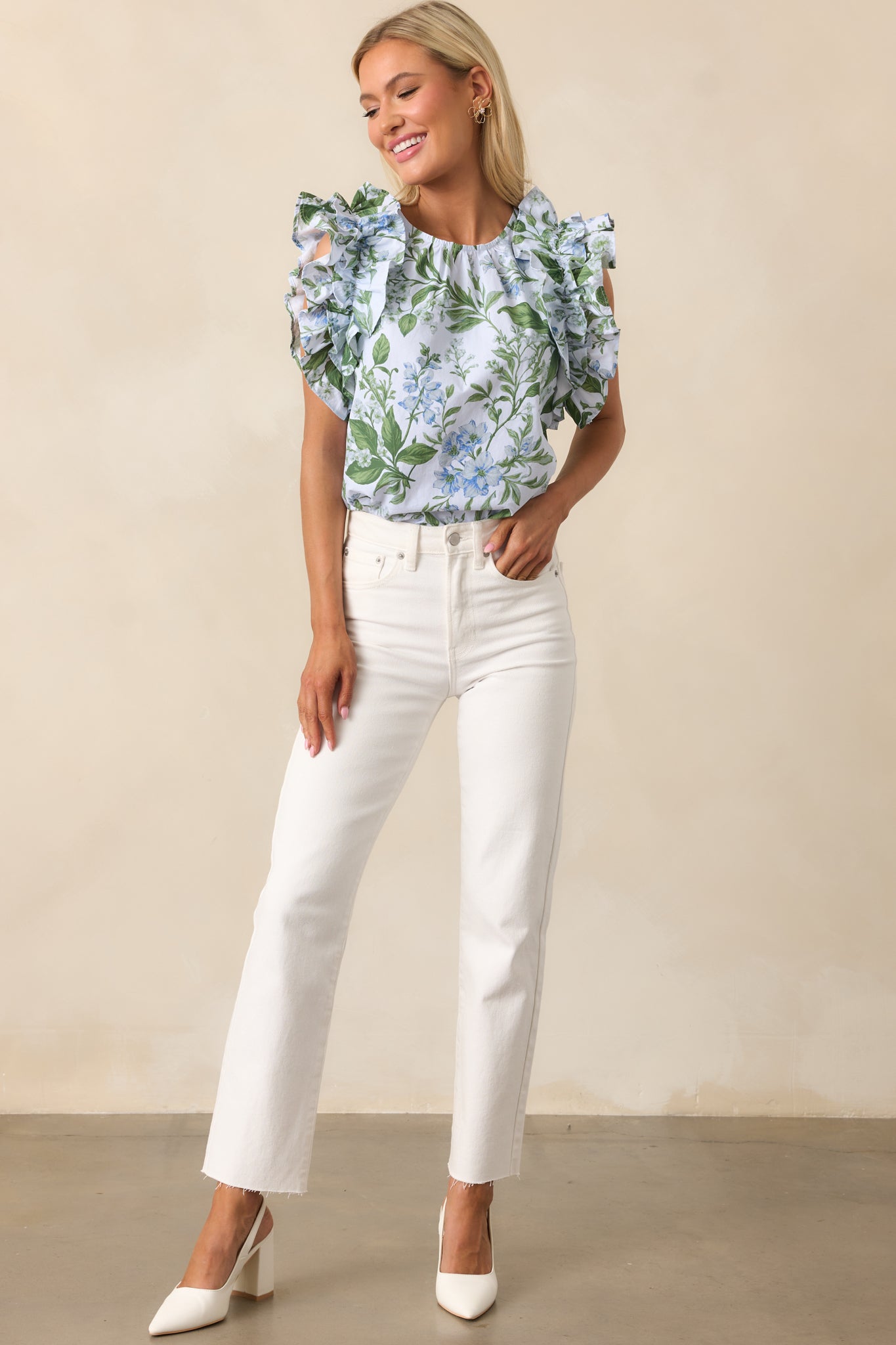 Charlotte Blue Lilacs Botanical Print Cotton Ruffle Top