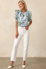 Charlotte Blue Lilacs Botanical Print Cotton Ruffle Top