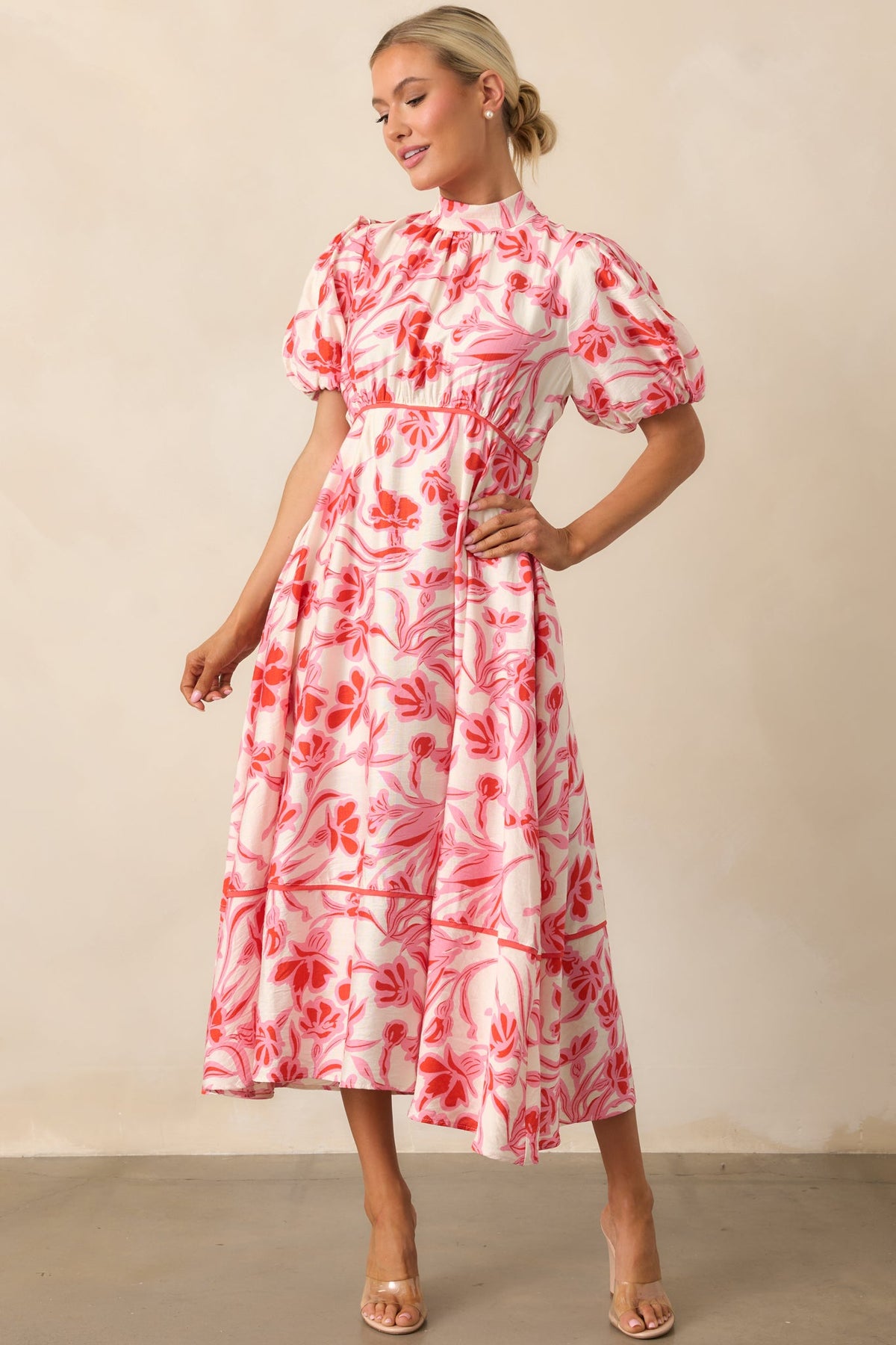 Blooming Season Pink Floral Puff Sleeve Midi Dress