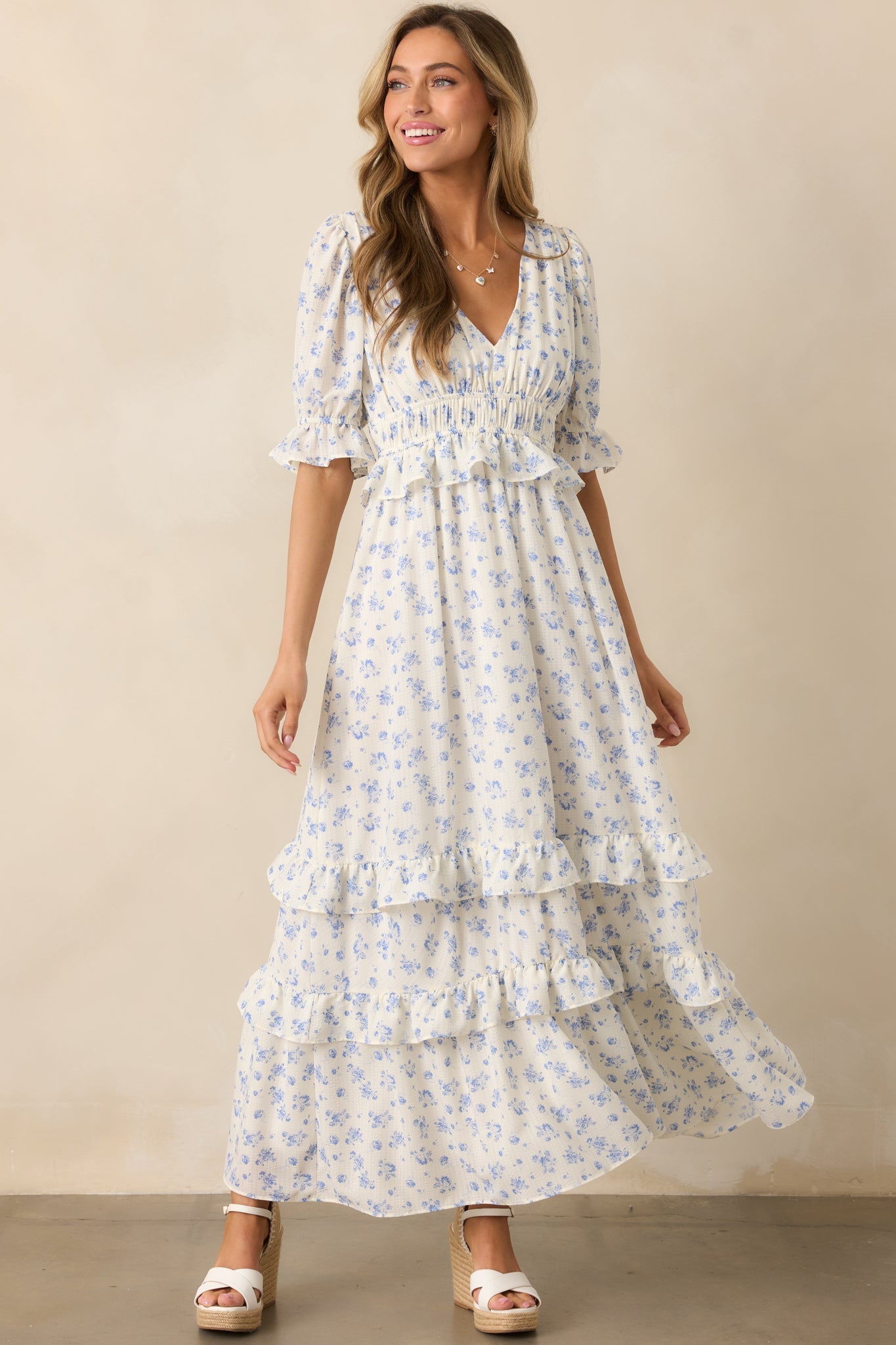Tulip Tea Time Ivory Floral Ruffle Maxi Dress