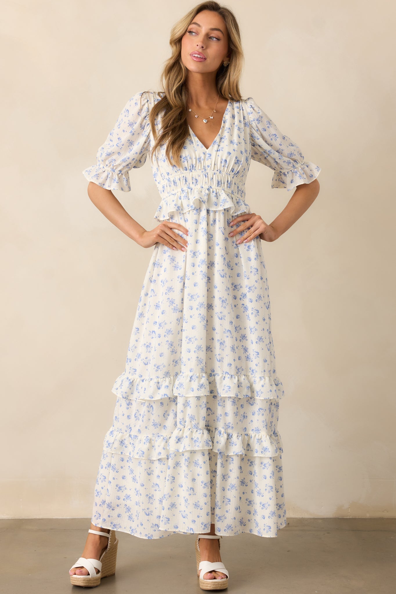 Tulip Tea Time Ivory Floral Ruffle Maxi Dress