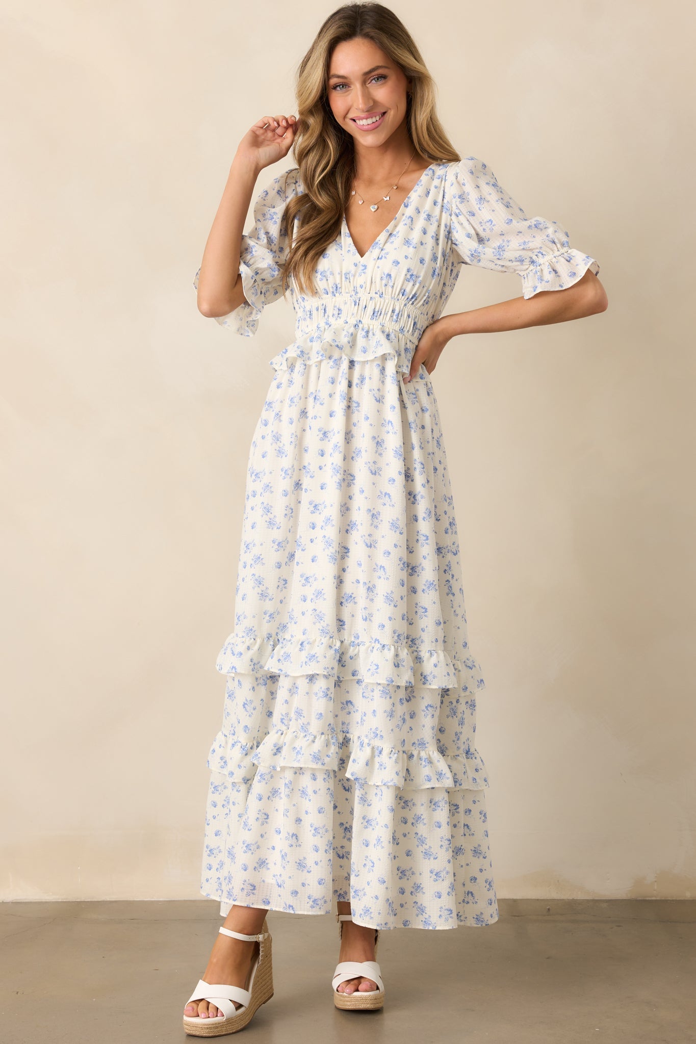 Tulip Tea Time Ivory Floral Ruffle Maxi Dress