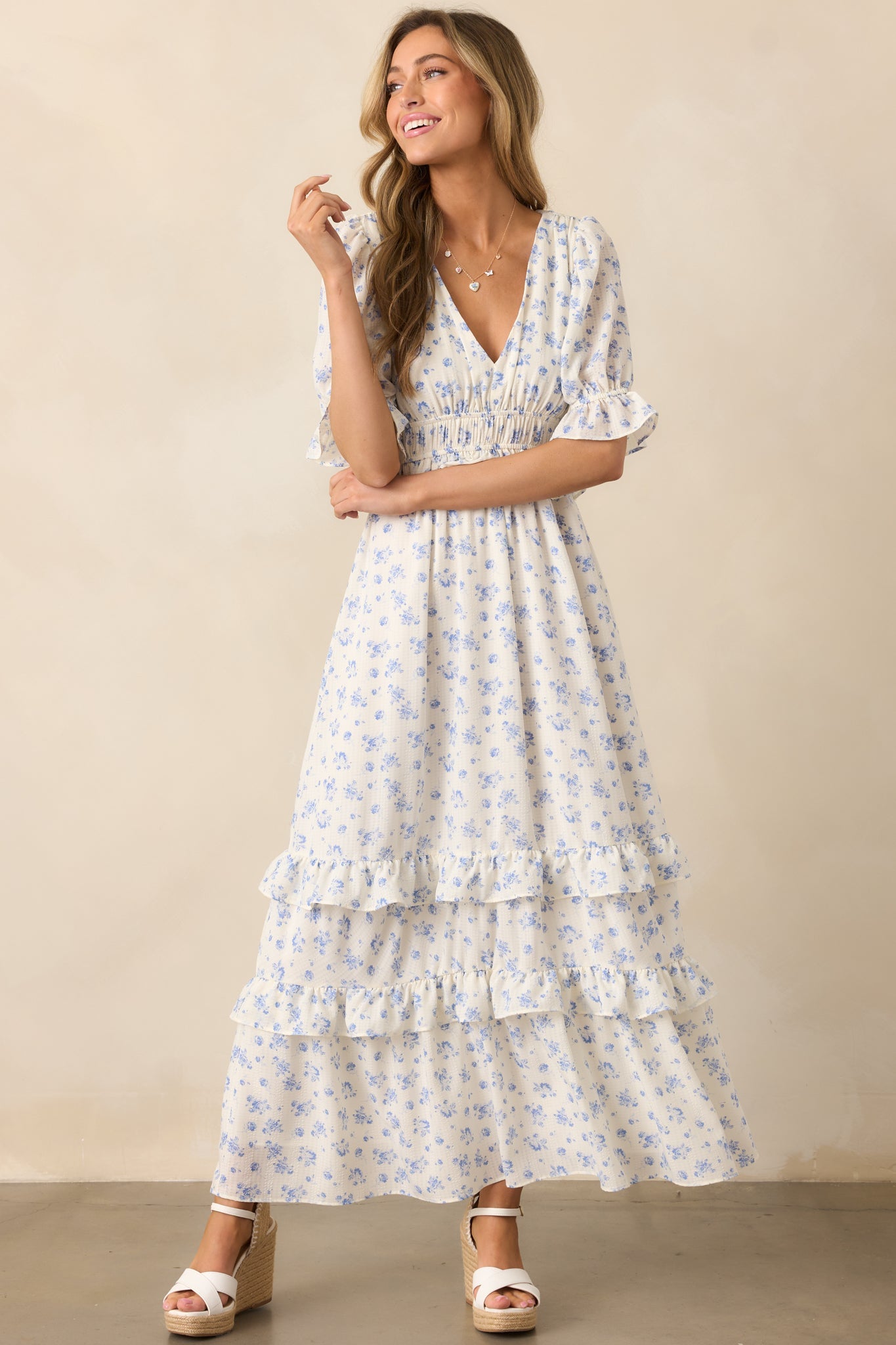 Tulip Tea Time Ivory Floral Ruffle Maxi Dress