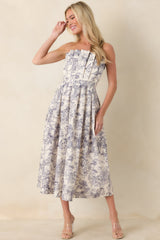 The Genevieve Cotton Navy Blue Toile Strapless Midi Dress