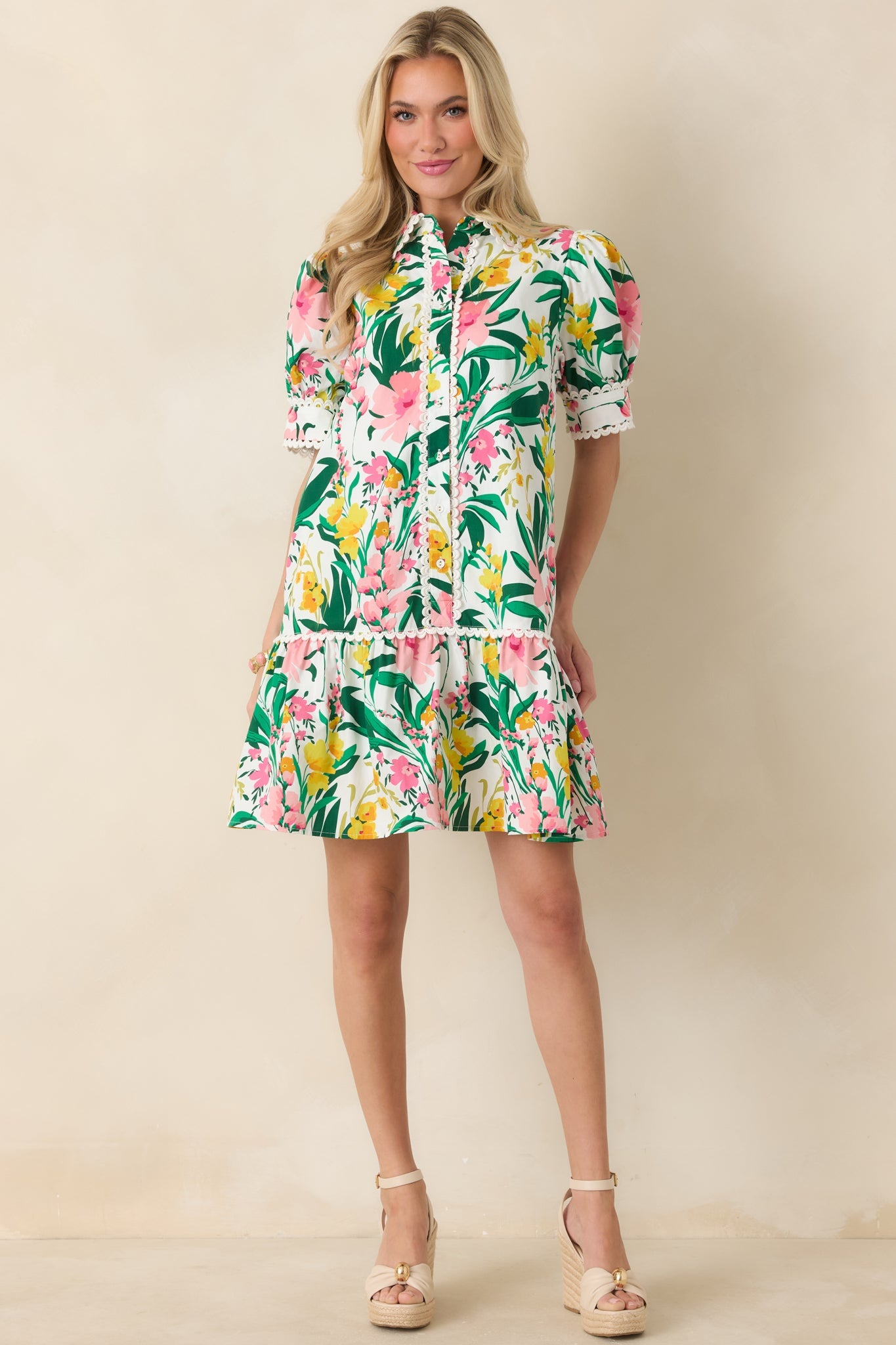 Prosperina Rayne Green & Pink Multi Floral Cotton Mini Dress